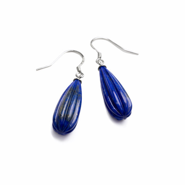 Natural Lapis Lazuli Ribbed Drop Earrings