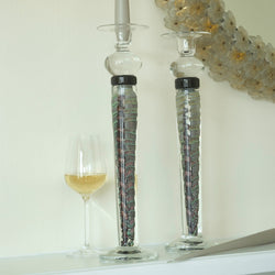 Peacock British Art Glass Cane Candlesticks (Pair) CLEARANCE SAVE £150